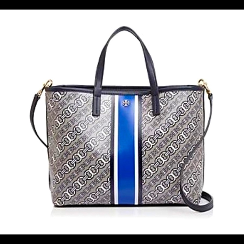 Tory Burch Gemini Link Bias Small Tote Navy Grey & White - rare diagonal…